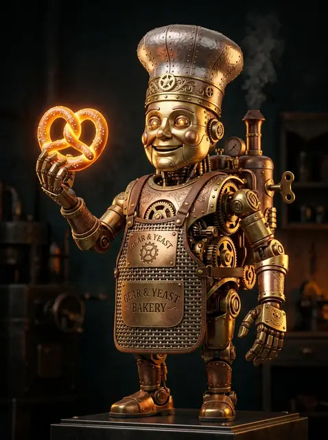 Barnaby the Brass Baker automaton mascot tipping his hat